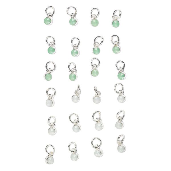 Drop mix, plastic / silver-finished steel / silver-finished brass, milky white and green, 5mm faceted round with 6mm jump ring. Sold per 24-piece set. image number 0