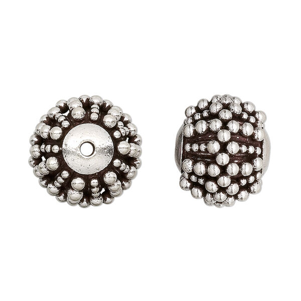 Bead, antiqued sterling silver, 16x13.5mm raised beaded round. Sold individually. image number 0