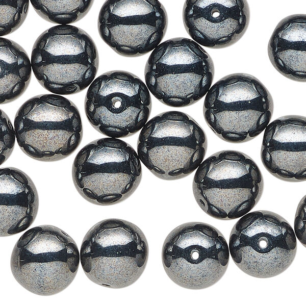 Bead 1pkg40, Czech glass druk, opaque hematite, 10mm round. image number 0