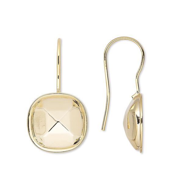 Ear wire, Almost Instant Jewelry®, gold-plated brass, 28x14mm fishhook with 12mm cushion glue-in setting, 20 gauge. Sold per pkg of 2 pairs. image number 0