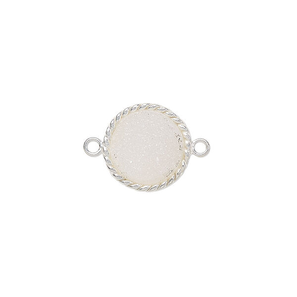 Link, druzy agate (natural) and sterling silver, 14-16mm hand-cut single-sided flat round with twisted wire design. Sold individually. image number 0