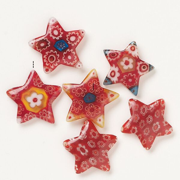Bead, millefiori glass, translucent red and multicolored, 23x21mm half-drilled puffed star. Sold per pkg of 6. image number 0