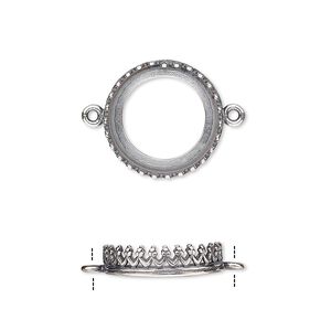 Link, JBB Findings, antique silver-plated brass, 16mm round with open back and decorative trim, 14mm round bezel setting. Sold per pkg of 2.