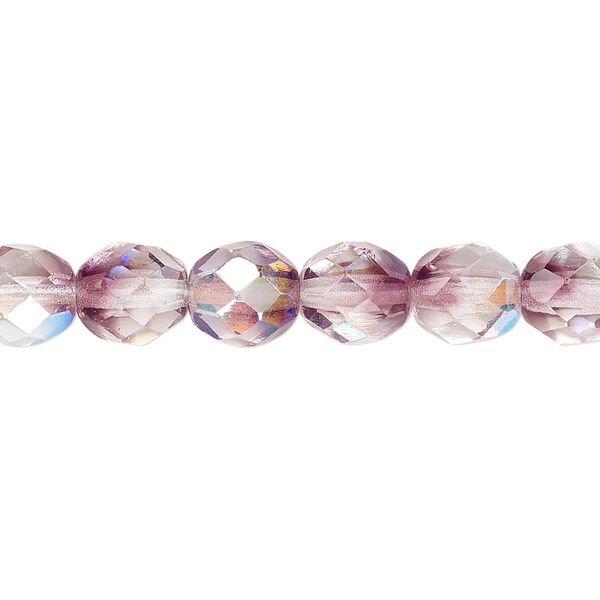 Bead, Czech fire-polished glass, two-tone, crystal/amethyst purple AB, 8mm faceted round. Sold per 15-1/2" to 16" strand. image number 0