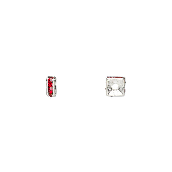 Bead, glass rhinestone and silver-plated brass, red, 4x2mm squaredelle. Sold per pkg of 10. image number 0