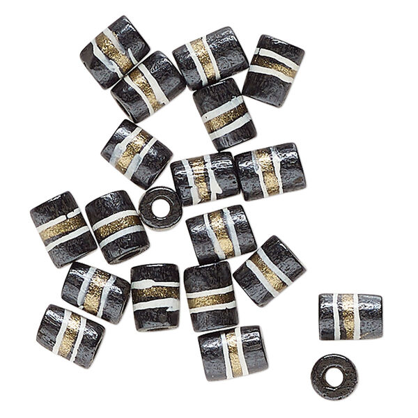Bead, bone (dyed), black / white / gold, 9x7mm-8x6mm hand-painted tube with line design. Sold per pkg of 20. image number 0