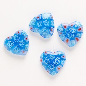 Bead, millefiori glass, pkg/4, translucent sky blue/red/white, 18-20mm half-drilled puffed heart.