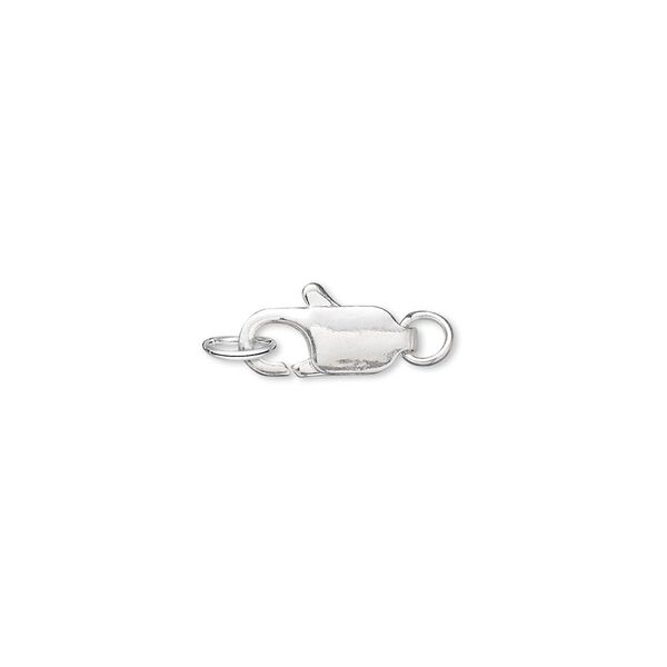 Clasp lobster claw 1pkg10 silver-plated, 12x5mm / 4-5mm closed jump ring, brass 1-strand image number 0