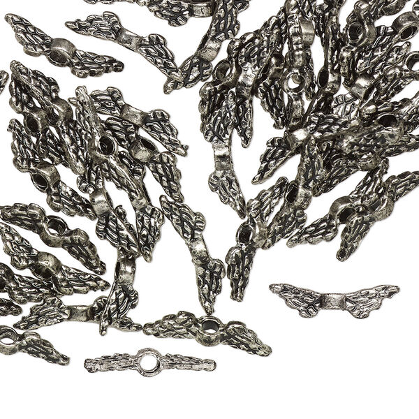 Bead, antique silver-finished "pewter" (zinc-based alloy), 11x3mm double-sided wing. Sold per pkg of 50. image number 0