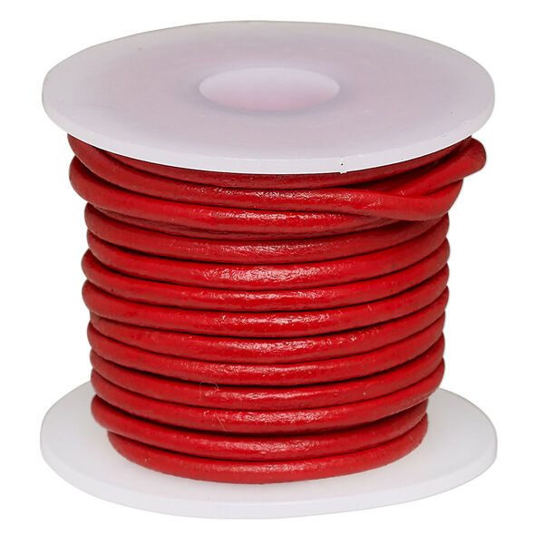 Cord, leather (dyed), red, 2mm round. Sold per 5-yard spool. image number 0