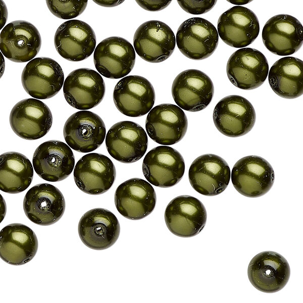 Bead 1pkg60, Czech pearl-coated glass druk, emerald green, 6mm round. image number 0