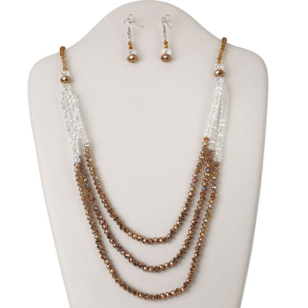 Necklace and earring set, glass and silver-finished steel, clear AB and light bronze with multi-finish, rondelle and bicone, 30-inch continuous loop, 43x10mm earrings with fishhook ear wire. Sold per set. image number 0