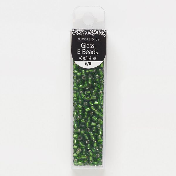 Seed bead, glass, pkg/40g, #6 round, translucent silver-lined green. image number 0