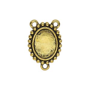 Connector, antique gold-finished "pewter" (zinc-based alloy), 20.5x17mm double-sided oval rosary with beaded design and 14.5x11mm non-calibrated oval cabochon glue-in setting. Sold per pkg of 4.