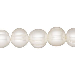 Pearl, cultured freshwater (bleached), white, 9-10mm semi-round, C grade. Sold per 15-inch strand.