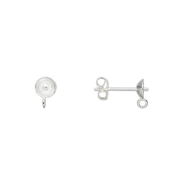 Earstud, sterling silver, 5mm cup with 2mm peg and open loop, fits 6-8mm bead. Sold per pkg of 5 pairs. image number 0