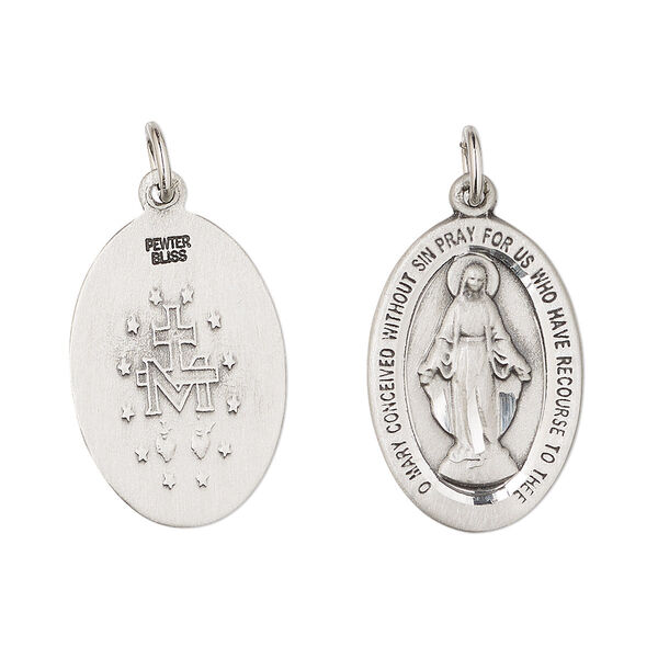 Drop, Britannia pewter (tin-based alloy), 21.5x14.5mm two-sided diamond-cut oval with Miraculous Madonna and "O MARY CONCEIVED WITHOUT SIN PRAY FOR US WHO HAVE RECOURSE TO THEE." Sold individually. image number 0