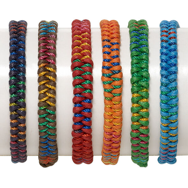 Bracelet mix, cotton and nylon, multicolored, 8mm flat braid, adjustable from 6 to 8-1/2 inches with tie closure. Sold per pkg of 6. image number 0