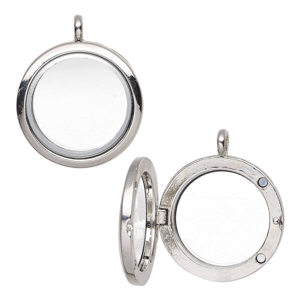 Pendant, glass and imitation rhodium-plated "pewter" (zinc-based alloy), clear, 35x29mm round float locket with 22x4mm inside diameter and magnetic closure. Sold individually. image number 0