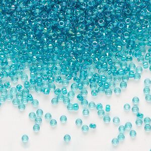 Seed bead, Miyuki, glass, pkg/250g, #11 rocaille, translucent teal-lined luster crystal clear (RR-3742).