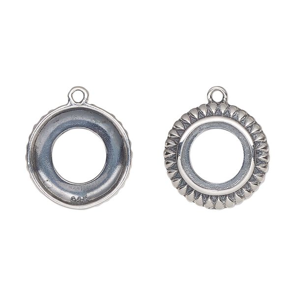 Drop, antiqued sterling silver, 16mm round with 10mm round setting and open back. Sold individually. image number 0