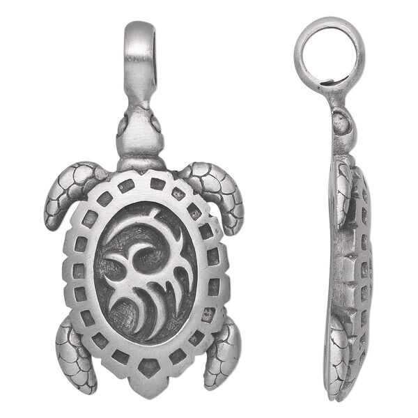 Pendant, Powerful Pewter Pendants, antiqued pewter (tin-based alloy), 50x28mm single-sided turtle. Sold individually. image number 0