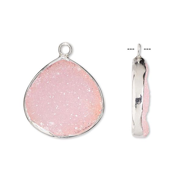 Drop, druzy agate (dyed) and sterling silver, pink, 20x20mm single-sided teardrop. Sold per pkg of 2. image number 0