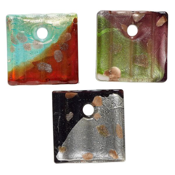 Random focal mix, lampworked glass, opaque and translucent mixed colors, 39x38mm-41x40mm textured square with copper-colored glitter and silver-colored foil. Sold per pkg of 3. image number 0