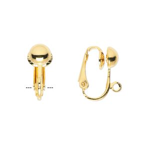 Earring clip-on 1pkg10 gold-plated, 16mm hinged / 6.5mm half-ball / open loop, steel 5 pair