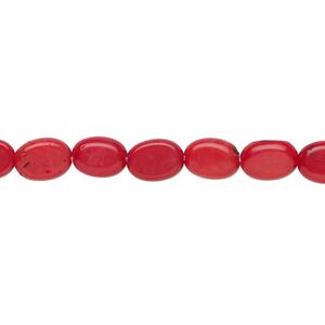 Bead, bamboo coral (dyed), red, 8x6mm hand-cut flat oval, C grade, Mohs hardness 3-1/2 to 4. Sold per 15-1/2" to 16" strand.