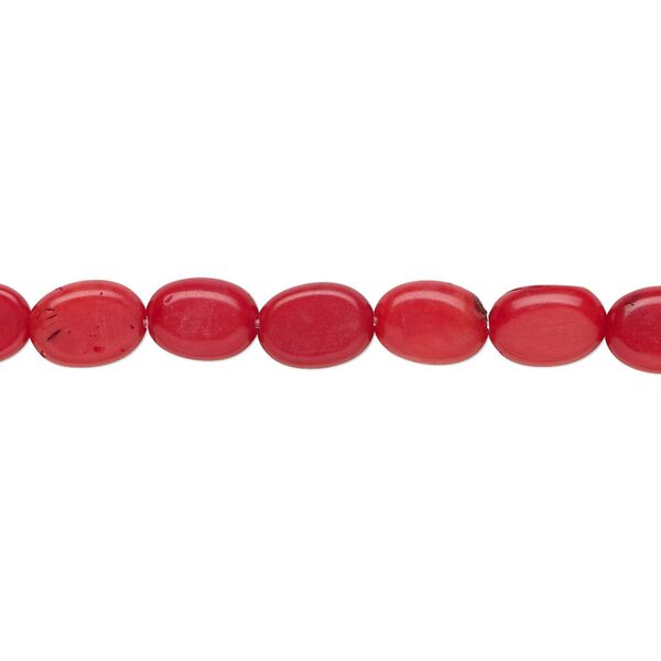 Bead, bamboo coral (dyed), red, 8x6mm hand-cut flat oval, C grade, Mohs hardness 3-1/2 to 4. Sold per 15-1/2" to 16" strand. image number 0
