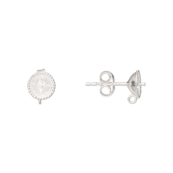 Earstud, sterling silver, 7mm beaded cup with 3mm peg and open loop, fits 6mm half-drilled bead. Sold per pair. image number 0