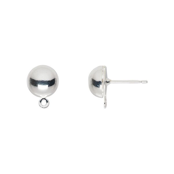 Earstud 1pkg100 silver-plated, 8mm half-ball / closed loop, brass / stainless steel 50 pair image number 0