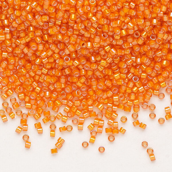 Seed bead, Delica®, glass, pkg/50g, #11 round, translucent white-lined rainbow orange (DB-1777). image number 0
