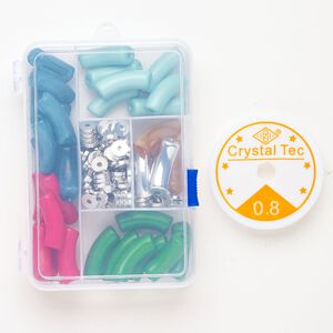 Acrylic / ABS 1pkg181, curved round tube / heishi / stretch cord assortment mixed colors / CCB silver-finished 34.5x13.5mm / 10x2.5mm