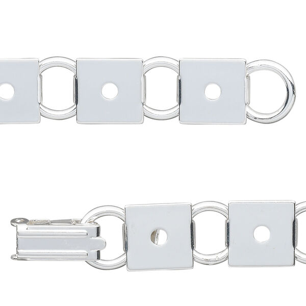 Bracelet component, silver-plated steel, (12) 10mm square link settings, 7 inches with fold-over clasp. Sold per pkg of 2. image number 0