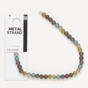 Bead, silver- / gold- / antique brass-finished brass, blue patina, 5mm-6x5mm rondelle. Sold per 7-inch strand, approximately 35 beads.