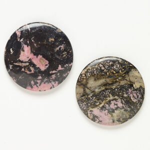 Rhodonite 1pkg1, top-drilled puffed flat round focal natural, 50mm