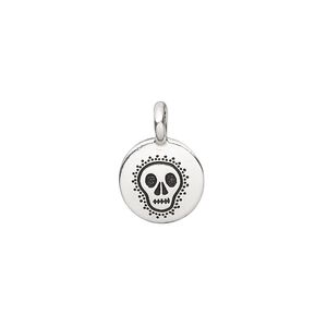 Drop, TierraCast®, antique silver-plated pewter (tin-based alloy), 12mm single-sided flat round with fancy skull. Sold per pkg of 2.