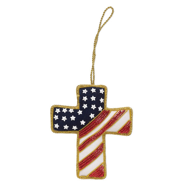Ornament, gold-finished copper / velveteen / plastic, red / white / blue, 4x3-1/2 inch single-sided cross with stars and stripes design and glass beads. Sold individually. image number 0