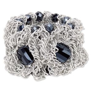 Bracelet, stretch, aluminum and glass, black, 50mm wide, 5-1/2 inches. Sold individually.