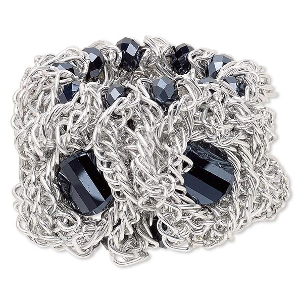 Bracelet, stretch, aluminum and glass, black, 50mm wide, 5-1/2 inches. Sold individually. image number 0