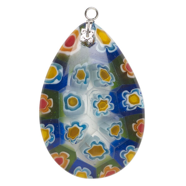 Focal 1pkg1 millefiori glass and silver-finished steel, translucent multicolored, 46x30mm-48x32mm puffed teardrop. image number 0