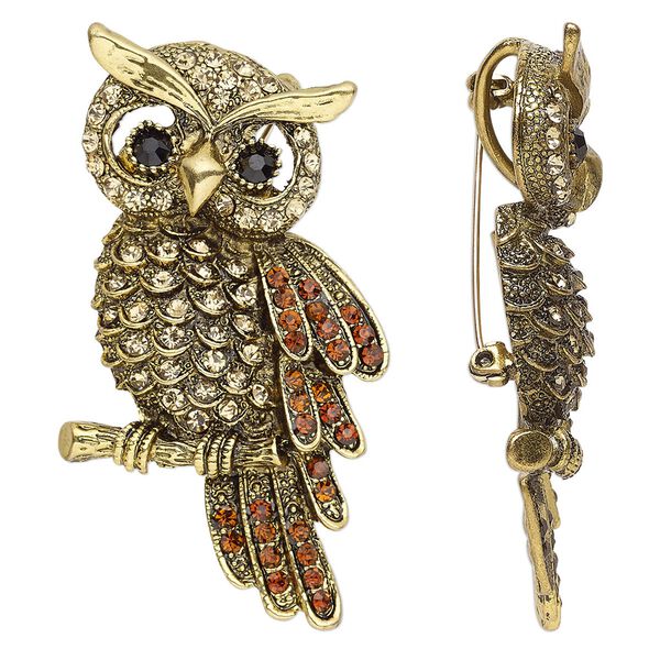 Brooch and pendant, Everyday Jewelry, glass rhinestone and antique gold-finished "pewter" (zinc-based alloy), black / brown / champagne, 67x35mm owl with hidden bail. Sold individually. image number 0