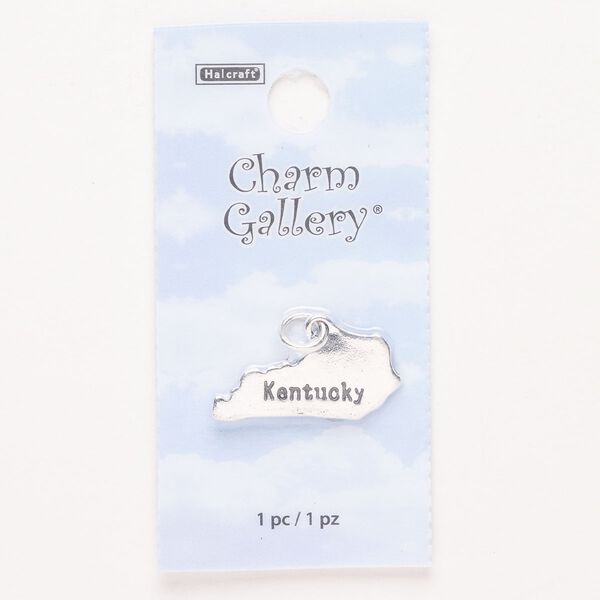 Charm, steel and enamel, pkg/1, silver finish and black, 24x12mm with "Kentucky." image number 0