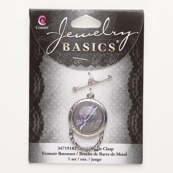 Clasp, toggle, "pewter" (zinc-based alloy) and acrylic, pkg/1, silver finish and multicolored, 34mm round. image number 0