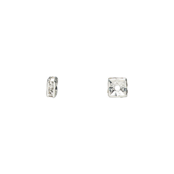 Bead, glass rhinestone and silver-plated brass, clear, 4x2mm squaredelle. Sold per pkg of 10. image number 0