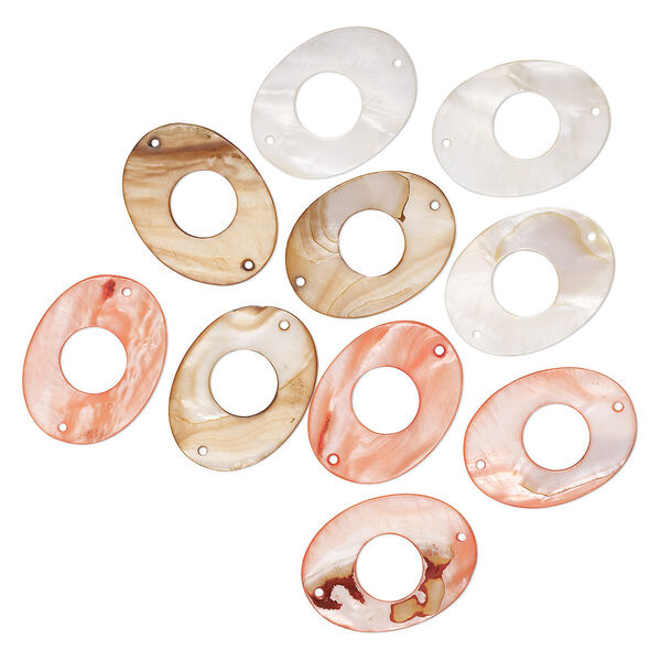 Focal mix, mother-of-pearl shell (dyed), red / white / brown, 50x38mm oval with cutout round, Mohs hardness 3-1/2. Sold per pkg of 10. image number 0
