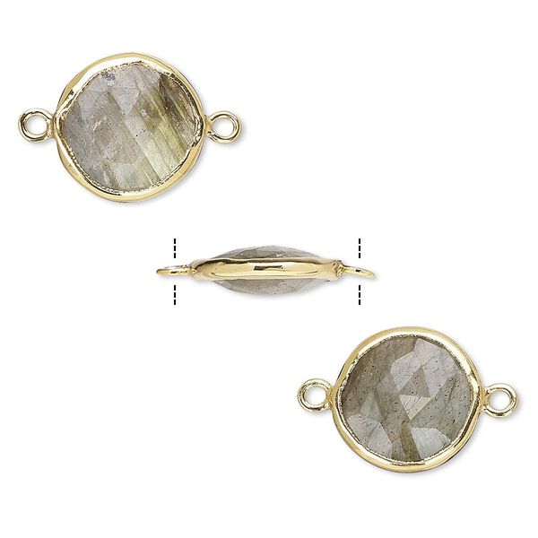 Link, labradorite (natural) and gold-finished sterling silver, 12mm double-sided faceted round. Sold per pkg of 2. image number 0
