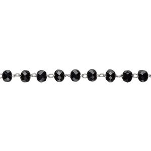 Chain 1pkg1 beaded, 3.5mm faceted rondelle, black glass / stainless steel 1 yard unfinished
